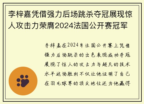 李梓嘉凭借强力后场跳杀夺冠展现惊人攻击力荣膺2024法国公开赛冠军