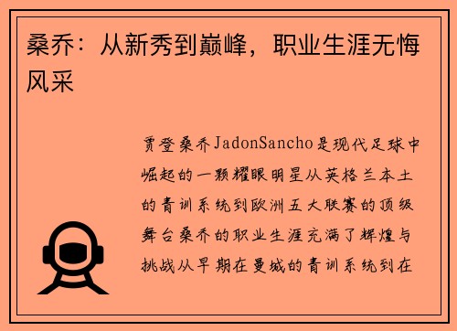 桑乔：从新秀到巅峰，职业生涯无悔风采